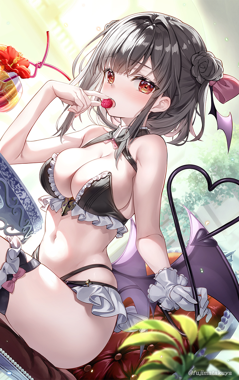 1girl bikini black_bikini black_hair black_wings blush breasts cleavage demon_tail demon_wings drink drinking_straw eating flower food fruit fujima_takuya gloves highres holding holding_food holding_fruit large_breasts navel open_mouth original red_eyes red_flower short_hair solo swimsuit tail thigh_strap white_gloves wings