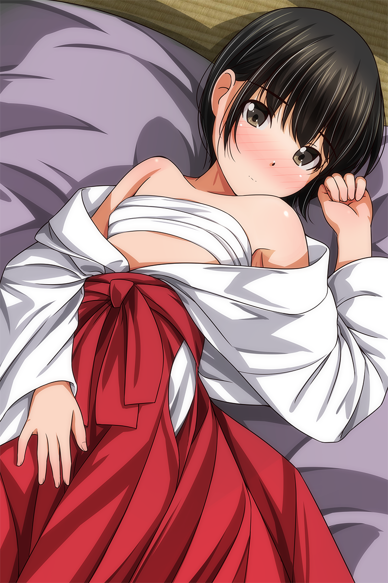 1girl black_hair blush bob_cut bow brown_eyes chest_sarashi dutch_angle feet_out_of_frame flat_chest hakama hakama_skirt highres indoors japanese_clothes looking_at_viewer lying matsunaga_kouyou miko nose_blush on_back open_clothes original sarashi short_hair skirt solo tatami white_hakama