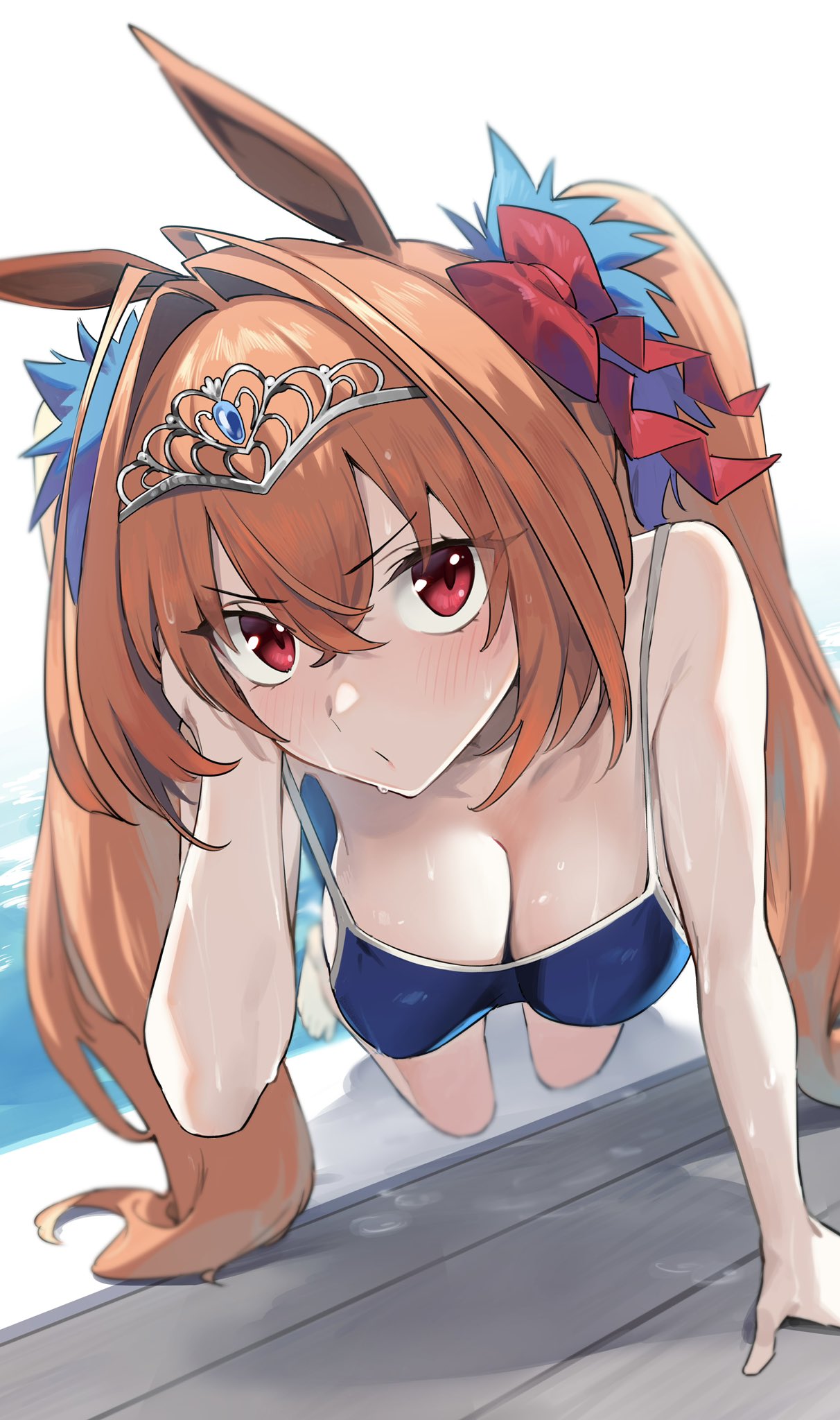 1girl animal_ears arm_support blue_one-piece_swimsuit bow breasts cleavage crossed_bangs daiwa_scarlet_(umamusume) hair_between_eyes hair_bow highres horse_ears horse_girl large_breasts long_hair looking_at_viewer nonco one-piece_swimsuit pool red_bow red_eyes solo swimsuit tiara tracen_swimsuit twintails umamusume water wet
