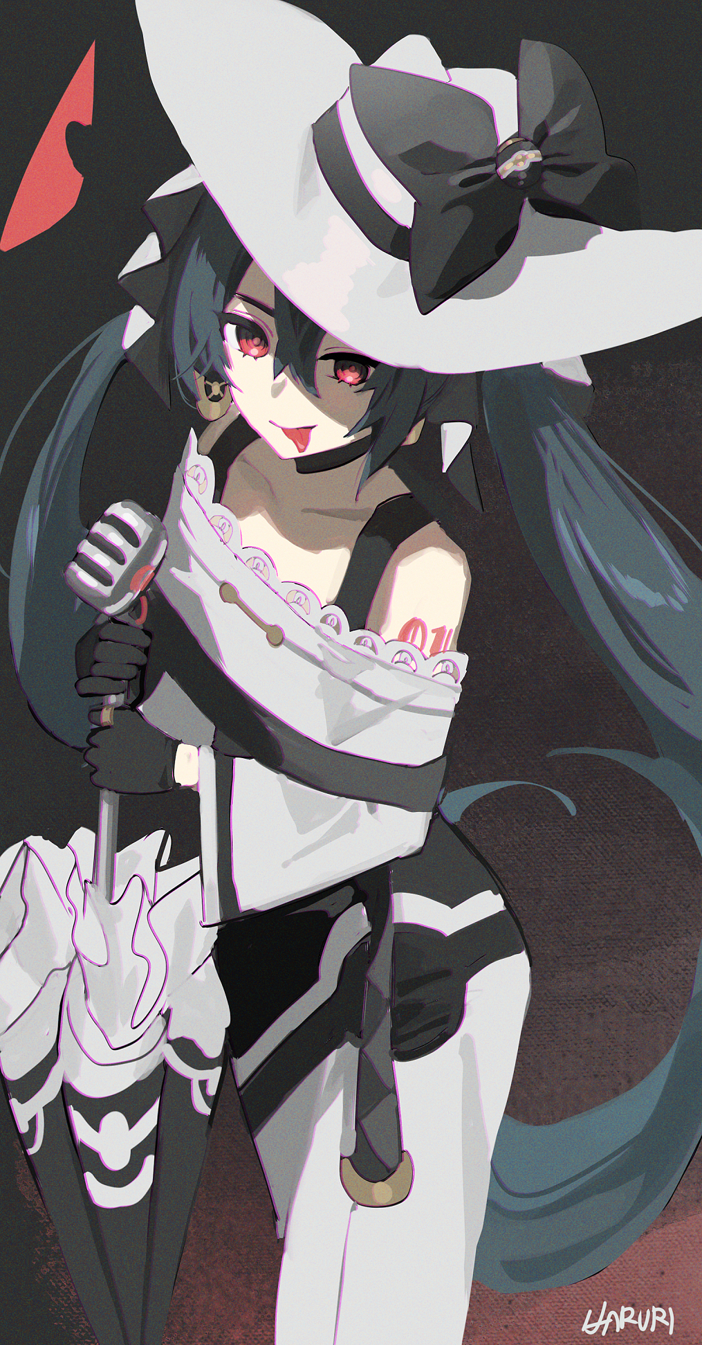1girl :p bare_shoulders black_bow black_gloves black_hair black_umbrella bow closed_umbrella collarbone commentary_request dark_miku_(project_voltage) dress earrings gloves hair_between_eyes haruri hat hat_bow hatsune_miku highres holding holding_umbrella jewelry microphone off-shoulder_dress off_shoulder pokemon project_voltage red_eyes signature solo tongue tongue_out twintails umbrella white_dress white_headwear