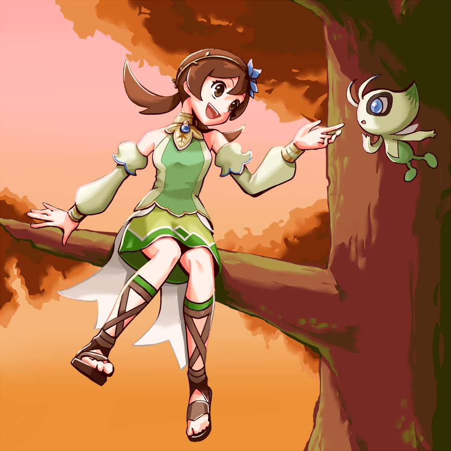 1girl :d bangs bare_shoulders brown_eyes brown_footwear brown_hair celebi commentary detached_sleeves eyelashes ffccll full_body green_skirt green_vest hand_up long_hair looking_to_the_side lyra_(pokemon) lyra_(sygna_suit)_(pokemon) official_alternate_costume open_mouth outdoors pokemon pokemon_(creature) pokemon_(game) pokemon_masters_ex sandals sitting skirt smile teeth tongue tree twintails upper_teeth_only vest
