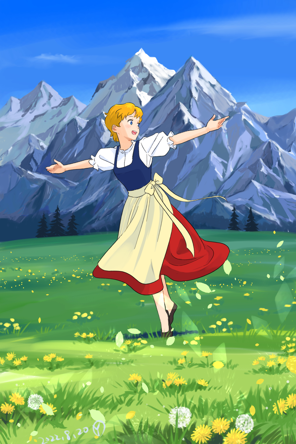 1girl :d apron arms_at_sides black_footwear blonde_hair blue_eyes blue_vest blush bow dandelion dandelion_clock dated day field flats flower full_body highres looking_to_the_side maria_kutschera_(trapp_ikka_monogatari) mountain no_socks open_mouth outdoors outstretched_arms pine_tree plantar_flexion puffy_short_sleeves puffy_sleeves red_skirt sakai_yume shirt short_hair short_sleeves skirt smile solo spread_arms teeth the_sound_of_music tiptoes trapp_ikka_monogatari tree upper_teeth_only vest waist_apron waist_bow white_shirt world_masterpiece_theater yellow_apron yellow_bow yellow_flower