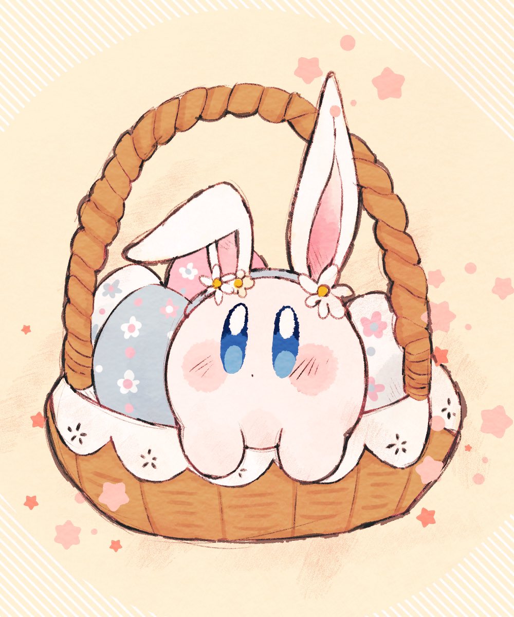 animal_ears basket blue_eyes blush blush_stickers closed_mouth commentary ear_down easter easter_egg egg english_commentary fake_animal_ears flower guarani_(muku_6930) hairband highres in_basket kirby kirby_(series) looking_at_viewer no_humans rabbit_ears simple_background solo star_(symbol) white_flower yellow_background