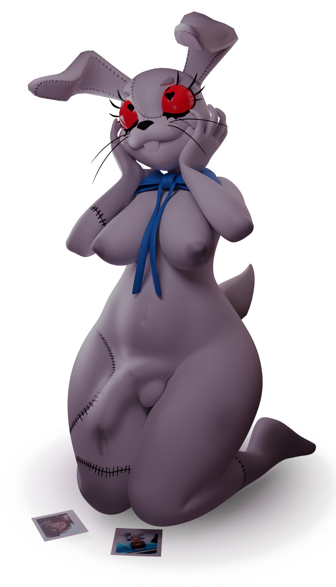 &lt;3 &lt;3_eyes 2021 3d_(artwork) anthro black_eyes black_nose blue_ribbon bow_ribbon breasts buckteeth bulge clothed clothing digital_media_(artwork) erection erection_under_clothing five_nights_at_freddy's five_nights_at_freddy's:_security_breach gynomorph hand_on_face hands_on_own_face hi_res intersex kneeling lagomorph leporid long_ears looking_pleasured mammal photo rabbit rckke red_sclera scottgames scut_tail short_tail simple_background solo steel_wool_studios tail teeth three-quarter_view vanny_(fnaf) white_background white_body white_ears white_tail