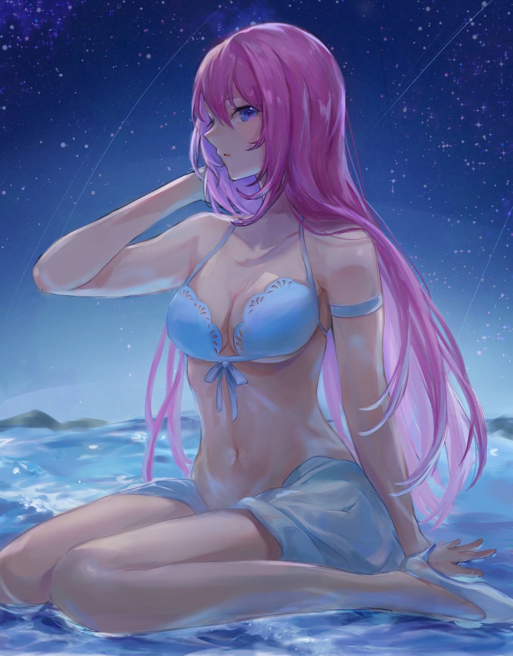 1girl arm_strap bare_shoulders bikini blue_bikini blue_eyes breasts cleavage commentary_request full_body hair_between_eyes hair_over_shoulder halterneck hand_in_own_hair hand_up high_heels highres long_hair looking_at_viewer medium_breasts megurine_luka navel ocean outdoors parted_lips pink_hair profile reitou sarong shooting_star sitting sky solo star_(sky) starry_sky stomach swimsuit vocaloid wariza water white_footwear
