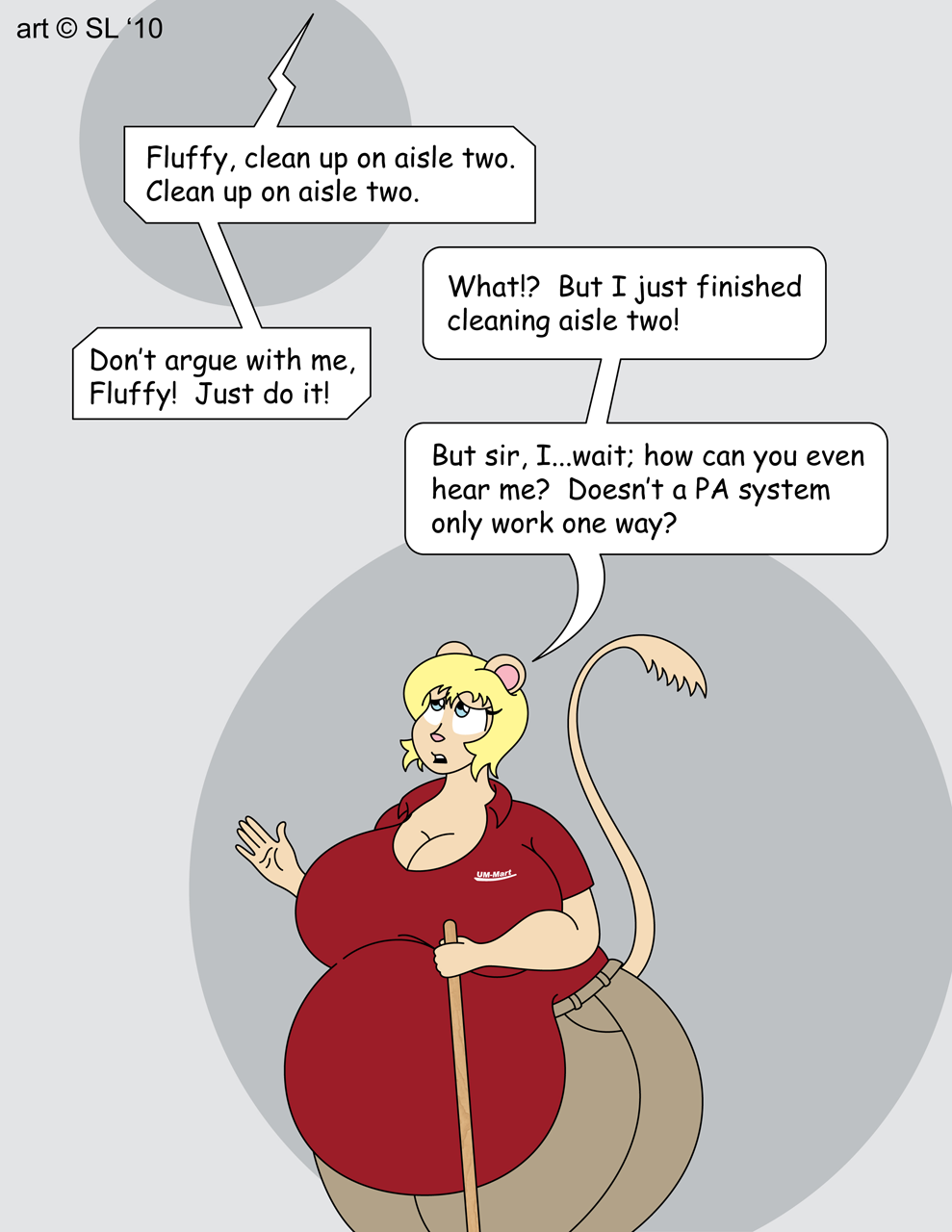 2010 anthro belly big_belly big_breasts blonde_hair blue_eyes bottomwear breasts clothed clothing copyright_symbol digital_media_(artwork) english_text female gerbil hair hi_res huge_breasts mammal murid obese obese_anthro obese_female open_mouth overweight overweight_anthro overweight_female pants rodent sandy_(satsumalord) satsumalord shirt solo speech_bubble symbol text thick_thighs topwear