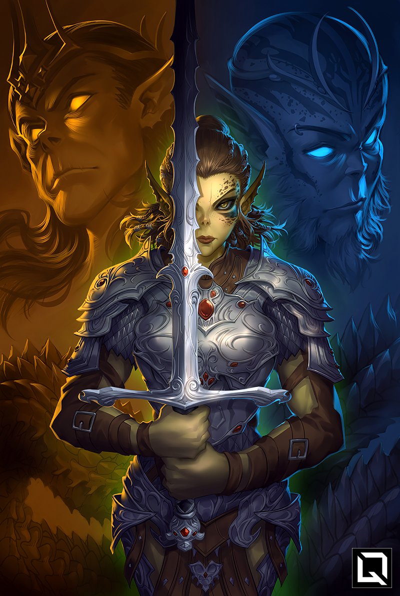 1girl 2boys armor artist_logo bald baldur's_gate baldur's_gate_3 beard black_eyeshadow blue_background braid brown_background brown_hair character_request colored_skin commentary dungeons_and_dragons english_commentary eyebrow_piercing eyeshadow facial_hair gith_(dungeons_and_dragons) green_skin holding holding_sword holding_weapon kuroi-tsuki lae'zel looking_at_viewer makeup multiple_boys multiple_braids piercing pointy_ears scar scar_on_face scar_on_lip sword two-tone_background weapon yellow_eyes