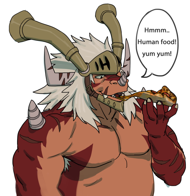 anthro armor armpit_hair body_hair clothed clothing dragon drum's_father eating eating_food english_text fangs food hair headgear helmet horn male pecs pizza rossciaco scalie scar simple_background solo spikes teeth text topless white_background white_hair