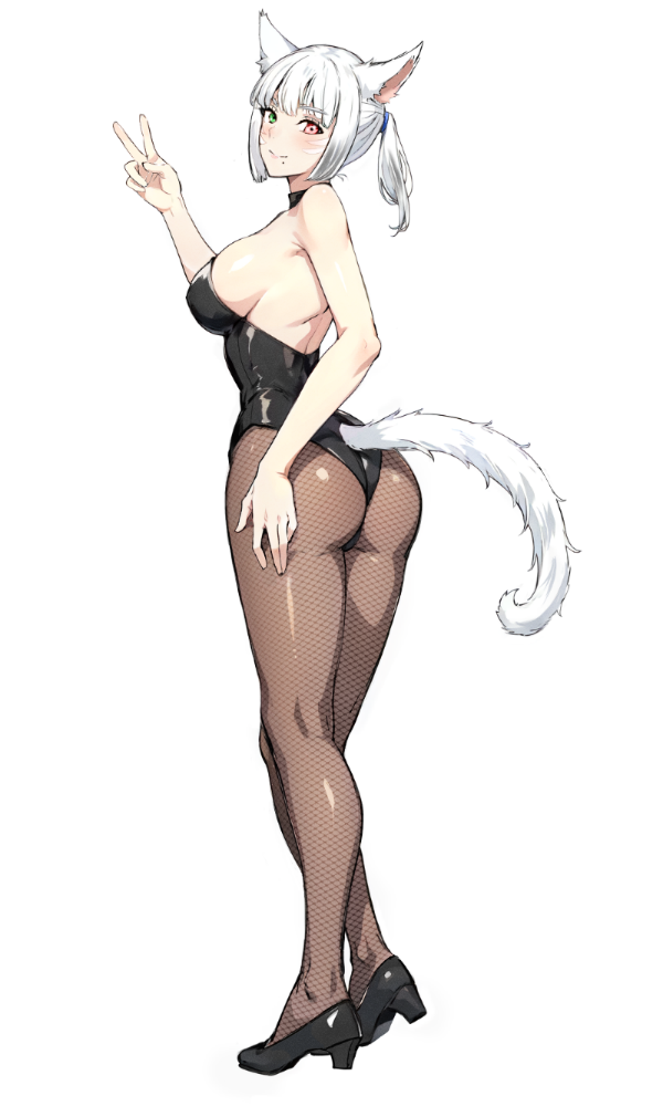 1girl animal_ears ass bare_shoulders black_choker black_leotard breasts cat_ears cat_girl cat_tail choker commentary commission english_commentary facial_mark final_fantasy final_fantasy_xiv fishnet_pantyhose fishnets full_body green_eyes heterochromia high_heels jamjamstyle kittysuit large_breasts leotard looking_at_viewer miqo'te nontraditional_playboy_bunny pantyhose revision short_hair short_ponytail solo tail v warrior_of_light_(ff14) whisker_markings white_background white_hair yellow_eyes