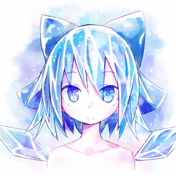 1girl asameshi blue_background blue_bow blue_eyes blue_hair bow bright_pupils cirno cropped_torso detached_wings ice ice_wings looking_at_viewer medium_hair nude solo touhou upper_body white_background wings