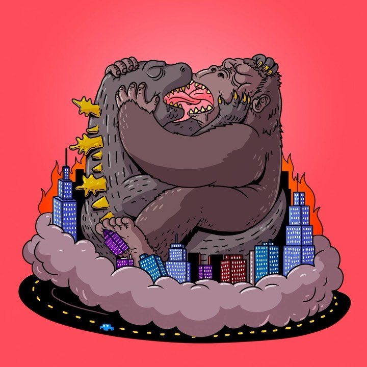 1:1 alexmdc ape bodily_fluids building duo fire french_kissing godzilla godzilla_(series) gorilla haplorhine humor intimate king_kong kissing macro male male/male mammal primate reptile saliva scalie sharp_teeth teeth toho tongue