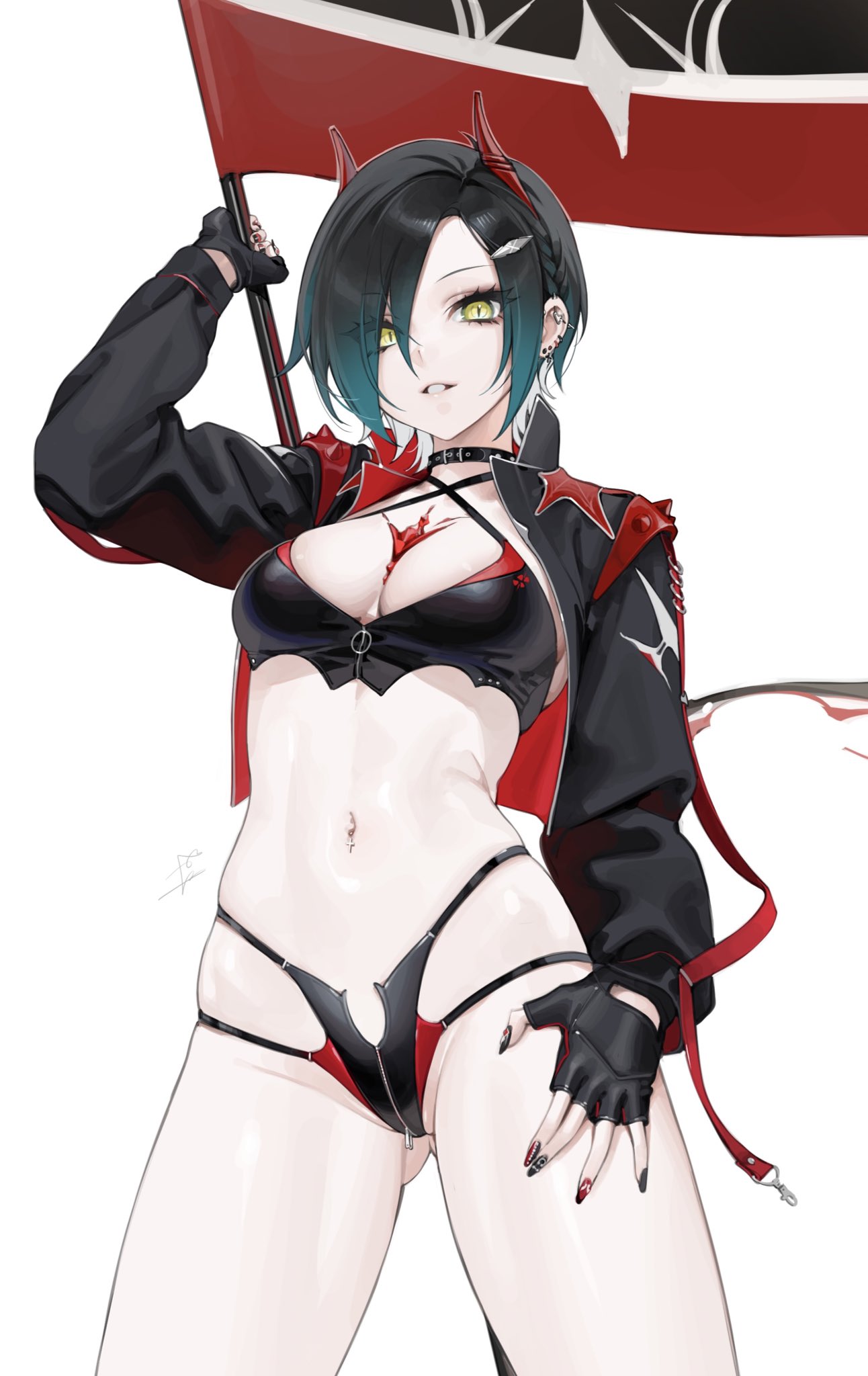 ass_visible_through_thighs azur_lane banner black_hair black_jacket braid breasts cleavage collar criss-cross_halter cropped_jacket crotch_zipper ear_piercing earrings fingerless_gloves flag gem gloves hair_between_eyes hair_ornament halterneck highres horns jacket jewelry long_sleeves mechanical_horns multicolored_hair nail_polish navel navel_piercing ohisashiburi piercing race_queen red_gemstone side_braid signature smirk solo spikes stomach thong two-tone_hair ulrich_von_hutten_(azur_lane) white_background yellow_eyes zipper