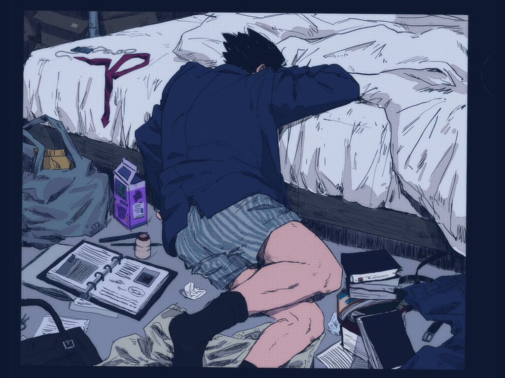 1boy ace_attorney bag bed black_hair blue_jacket blue_male_underwear book book_stack boxers clothes_removed face_down facing_away indoors jacket long_sleeves lying male_focus male_underwear messy_room open_book partially_undressed phoenix_wright shopping_bag short_hair socks solo spiked_hair underwear vivi95862484