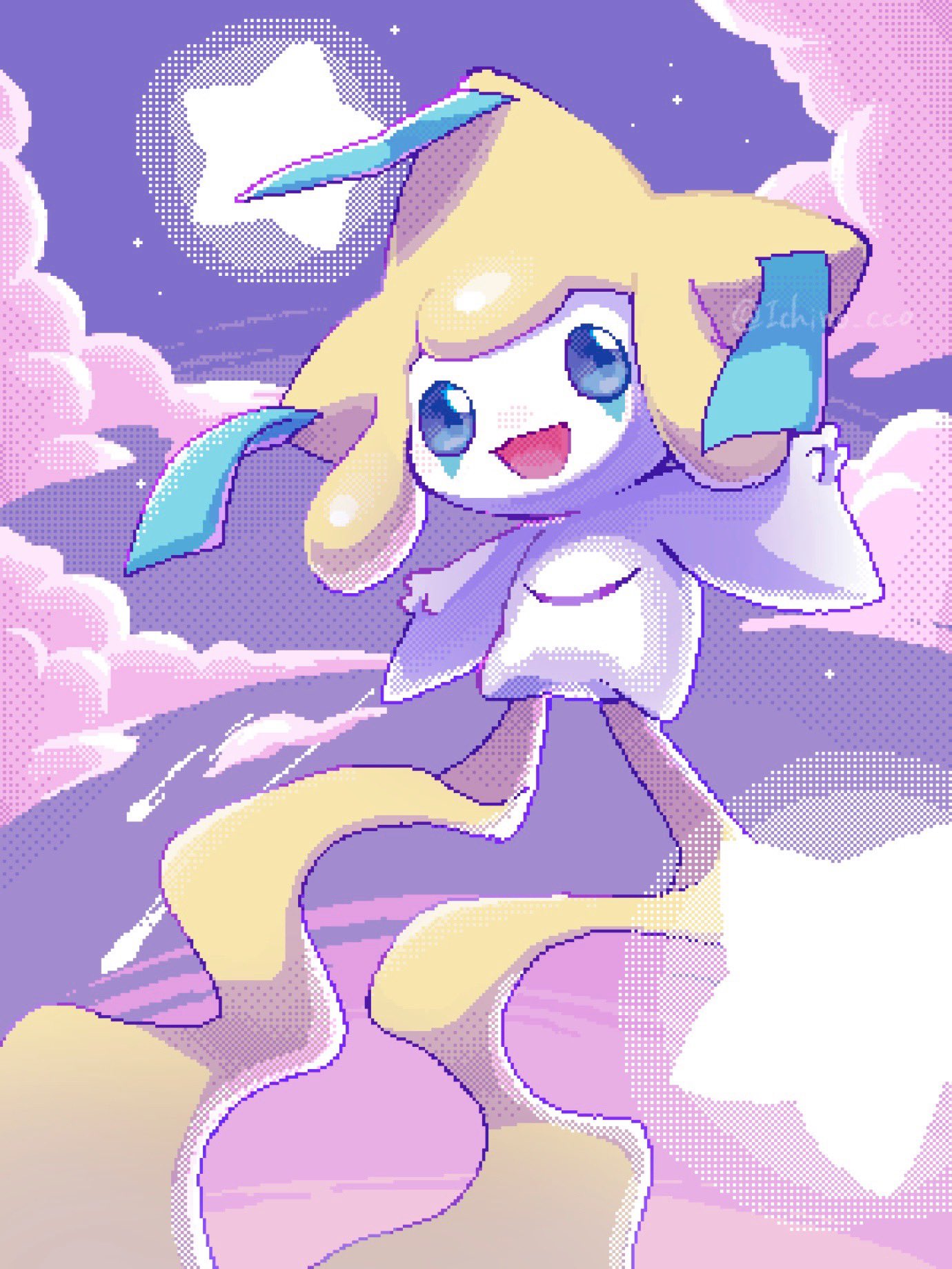 :d commentary_request happy highres ichino_cco jirachi night no_humans open_mouth outdoors outstretched_arms pokemon pokemon_(creature) sky smile solo twitter_username watermark