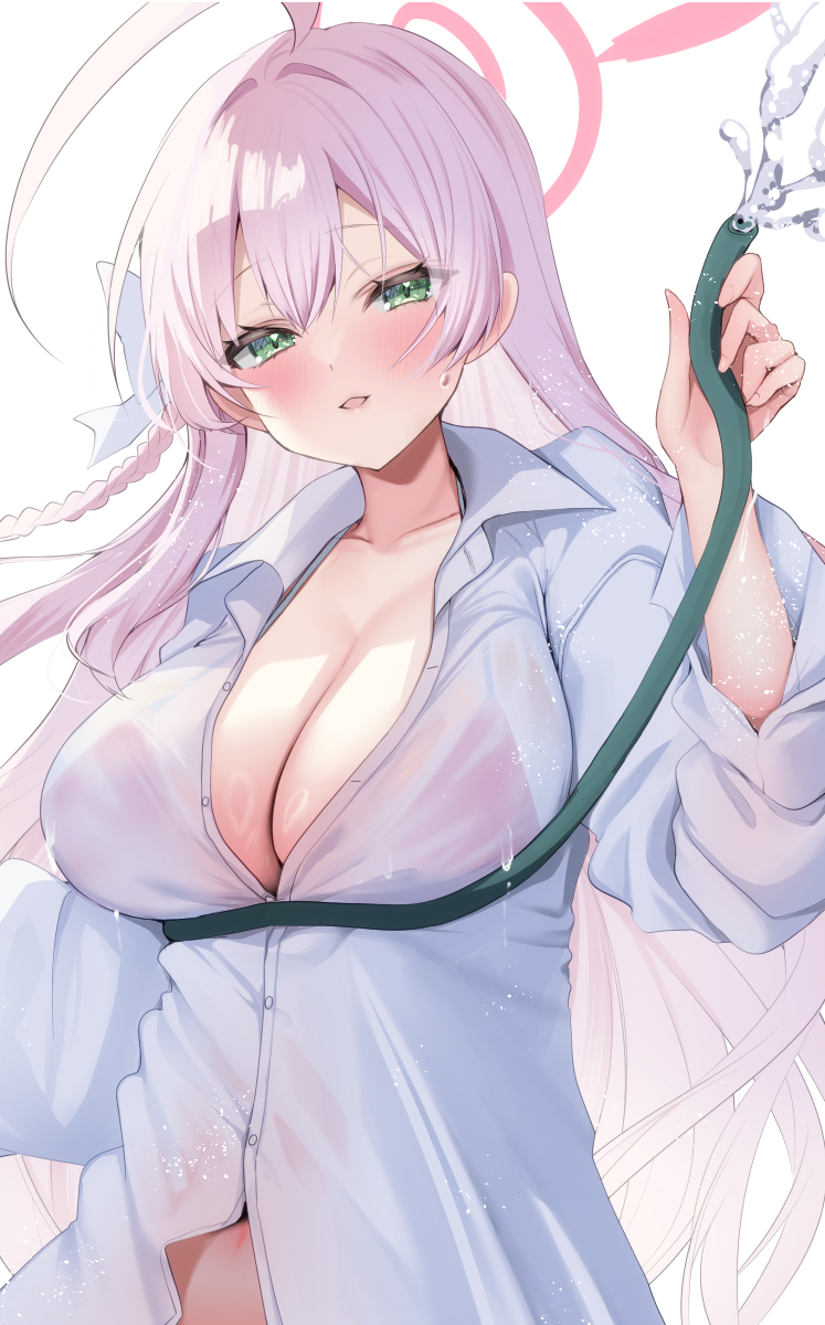 1girl ahoge ayuma_sayu blue_archive blush breasts cleavage collarbone green_eyes halo hanako_(blue_archive) hanako_(swimsuit)_(blue_archive) highres holding holding_hose hose large_breasts long_hair long_sleeves looking_at_viewer official_alternate_costume parted_lips partially_unbuttoned pink_hair pink_halo shirt simple_background smile solo water white_background white_shirt
