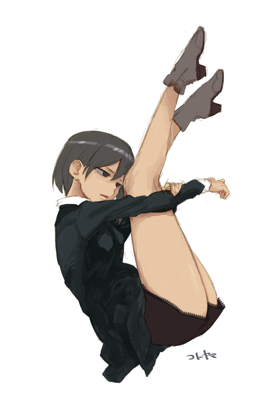 1girl black_hair boots breasts brown_eyes full_body high_heel_boots high_heels highres holding_legs kotoyama legs original short_hair shorts simple_background solo white_background