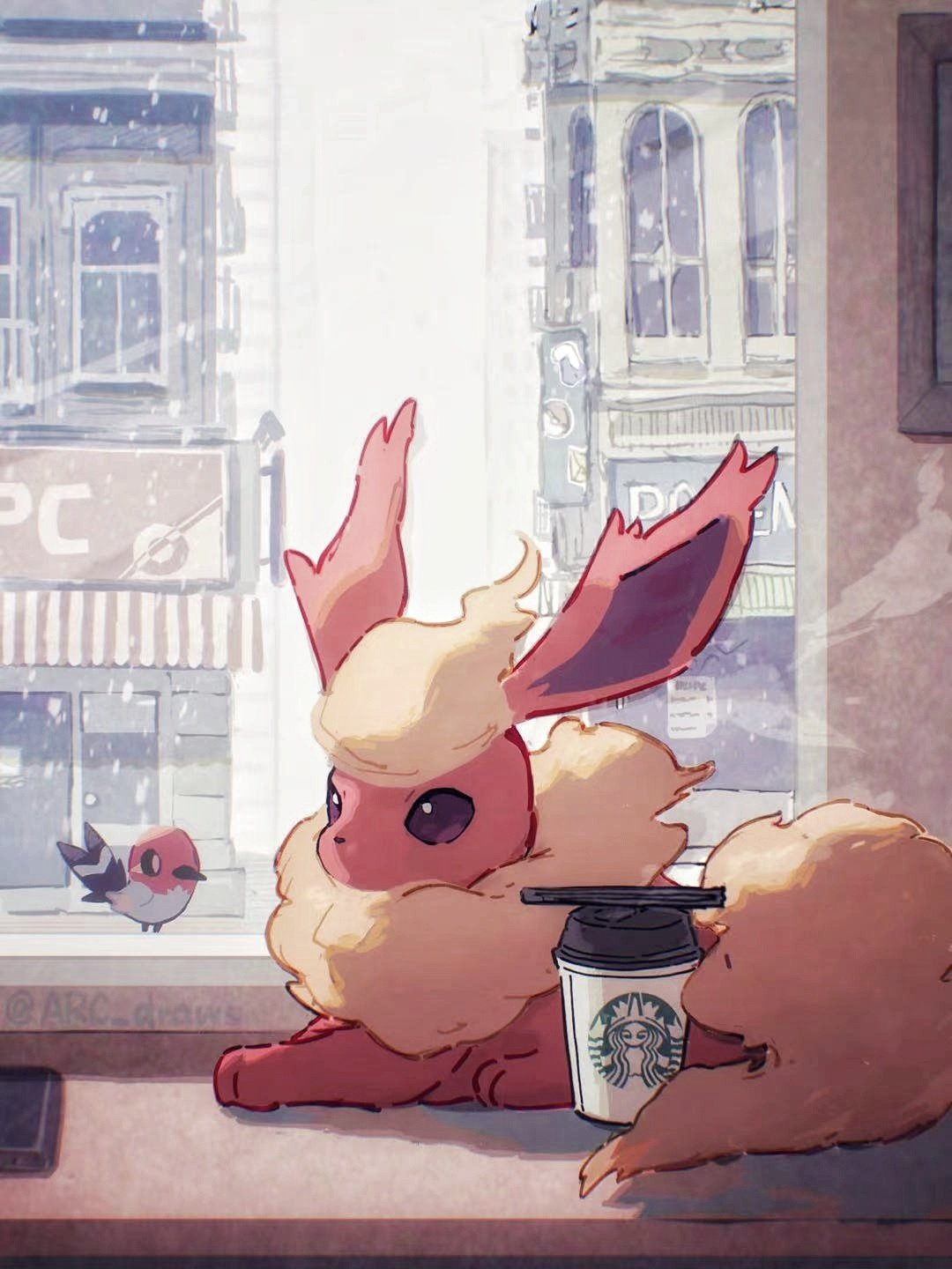 arc_draws bird coffee_cup commentary_request cup day disposable_cup flareon fletchling highres indoors lying no_humans on_stomach pokemon pokemon_(creature) starbucks twitter_username window yellow_fur