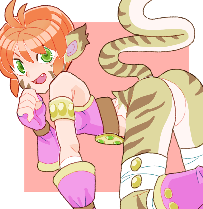 1girl :d animal_ears antenna_hair armlet ass bare_shoulders bottomless breath_of_fire breath_of_fire_ii fang fingerless_gloves gloves green_eyes hair_between_eyes hand_up orange_hair purple_gloves rinpoo_chuan short_hair sicky_(pit-bull) smile solo striped_tail tail tiger_ears tiger_girl tiger_tail