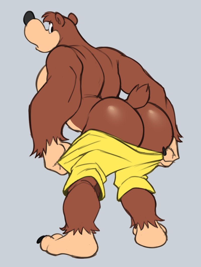 2023 analon_(artist) anthro banjo-kazooie banjo_(banjo-kazooie) barefoot bear bent_over big_butt bottomwear bubble_butt butt claws clothed clothing feet fur grey_background looking_back male mammal muscular muscular_anthro muscular_male partially_clothed rareware rear_view shorts shorts_down simple_background solo standing topless topless_anthro topless_male tuft undressing