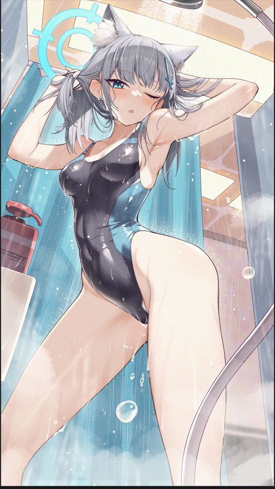 1girl animal_ear_fluff animal_ears armpits arms_up bare_shoulders bathroom black_one-piece_swimsuit blue_archive blue_eyes blue_halo blush bottle breasts cluseller collarbone competition_swimsuit covered_navel cowboy_shot cross cross_hair_ornament extra_ears hair_ornament halo highleg highleg_swimsuit indoors inverted_cross multicolored_clothes multicolored_swimsuit official_alternate_costume one-piece_swimsuit open_mouth shiroko_(blue_archive) shiroko_(swimsuit)_(blue_archive) shower_(place) shower_curtain shower_head showering soap_bubbles solo standing swimsuit two-tone_swimsuit water wet wolf_ears