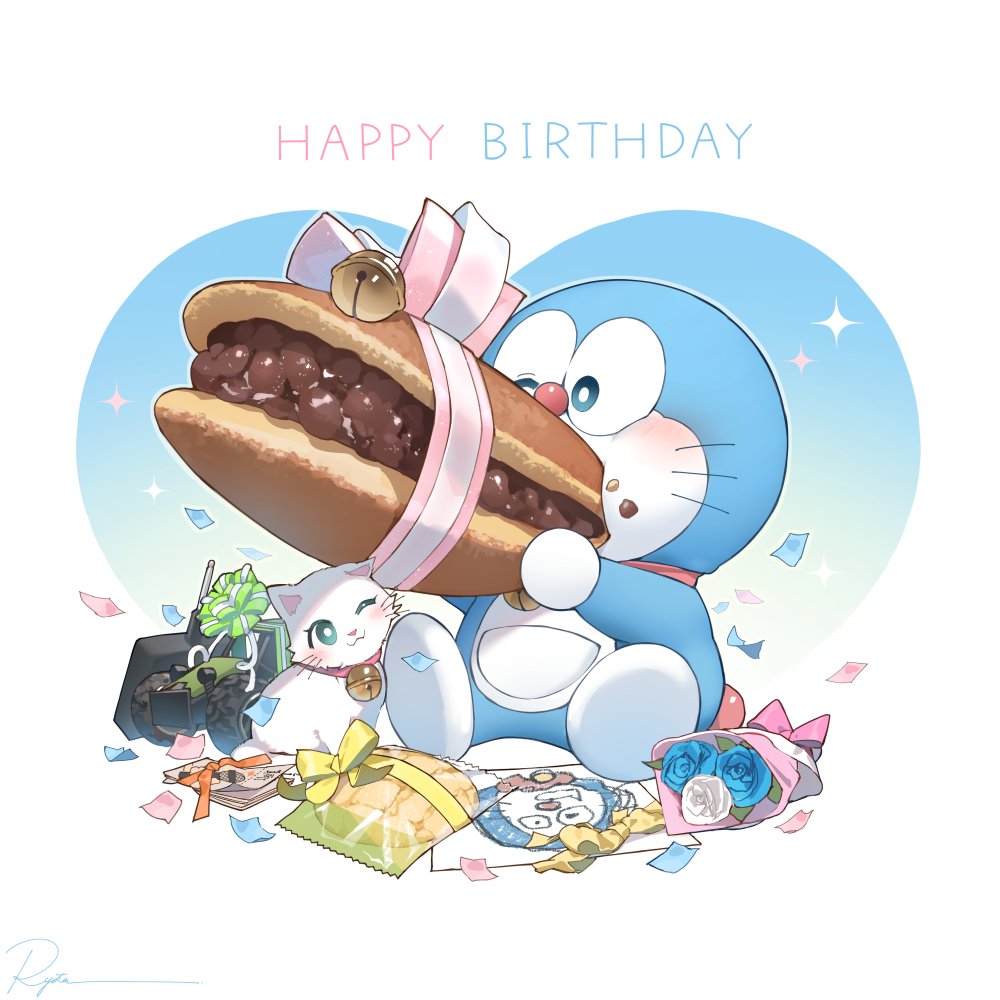 bell blue_flower blue_heart bouquet cat confetti dessert doodles doraemon doraemon_(character) dorayaki eating flower food happy_birthday holding holding_food jingle_bell neck_bell no_humans one_eye_closed pink_ribbon red_bean_paste red_nose red_ribbon ribbon robot ryota_(ry_o_ta) sitting toy_car waffle wagashi white_cat white_flower yellow_ribbon