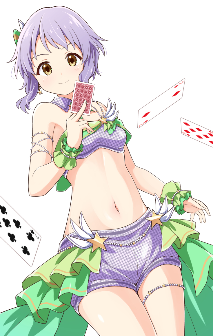 1girl blush breasts card closed_mouth crop_top earrings falling_card green_scrunchie hair_ornament holding holding_card idolmaster idolmaster_million_live! idolmaster_million_live!_theater_days jewelry looking_at_viewer makabe_mizuki midriff navel purple_hair purple_shirt purple_shorts scrunchie shirt short_hair shorts sidelocks simple_background small_breasts solo standing star_(symbol) star_earrings taka_(suigendou) thigh_strap white_background yellow_eyes