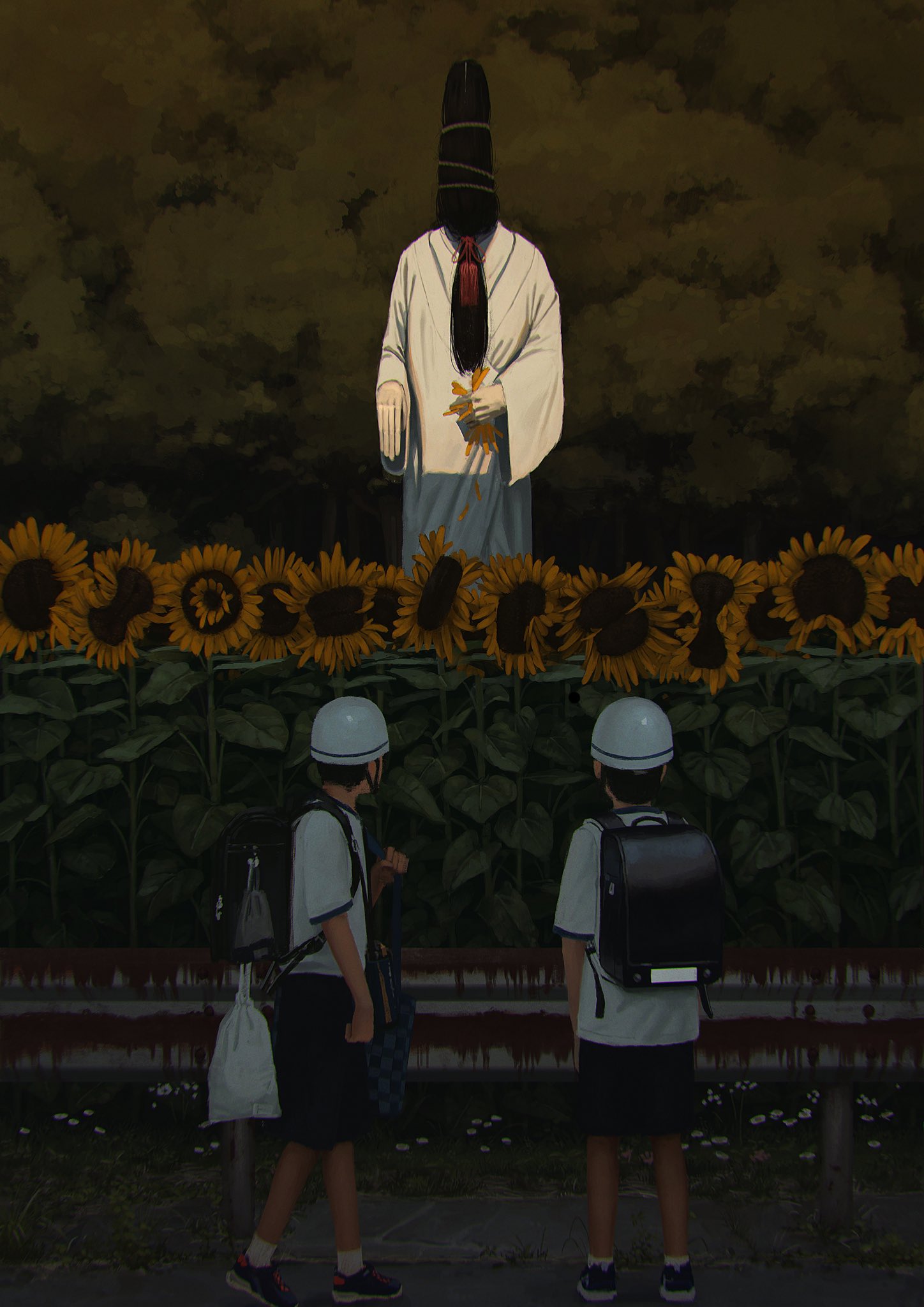 131_nngo 1other 2boys beckoning black_hair commentary faceless flower forest ghost hat highres horror_(theme) long_face long_fingers male_child multiple_boys nature original outdoors plucking_petals realistic robe rust sunflower white_robe