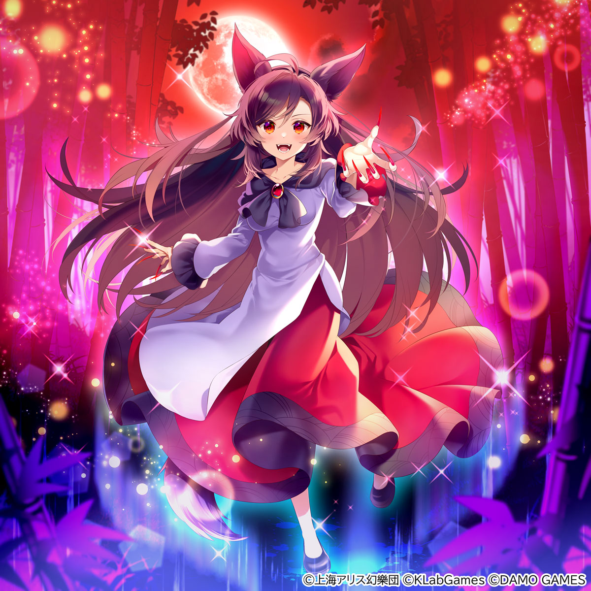 1girl animal_ears black_footwear brooch brown_hair collarbone dress fingernails full_body highres imaizumi_kagerou jewelry kurisu_sai long_fingernails long_hair long_sleeves looking_at_viewer nail_polish official_art open_mouth red_dress red_eyes red_nails sharp_fingernails shoes smile solo tail touhou touhou_arcadia_record white_dress wolf_ears wolf_tail