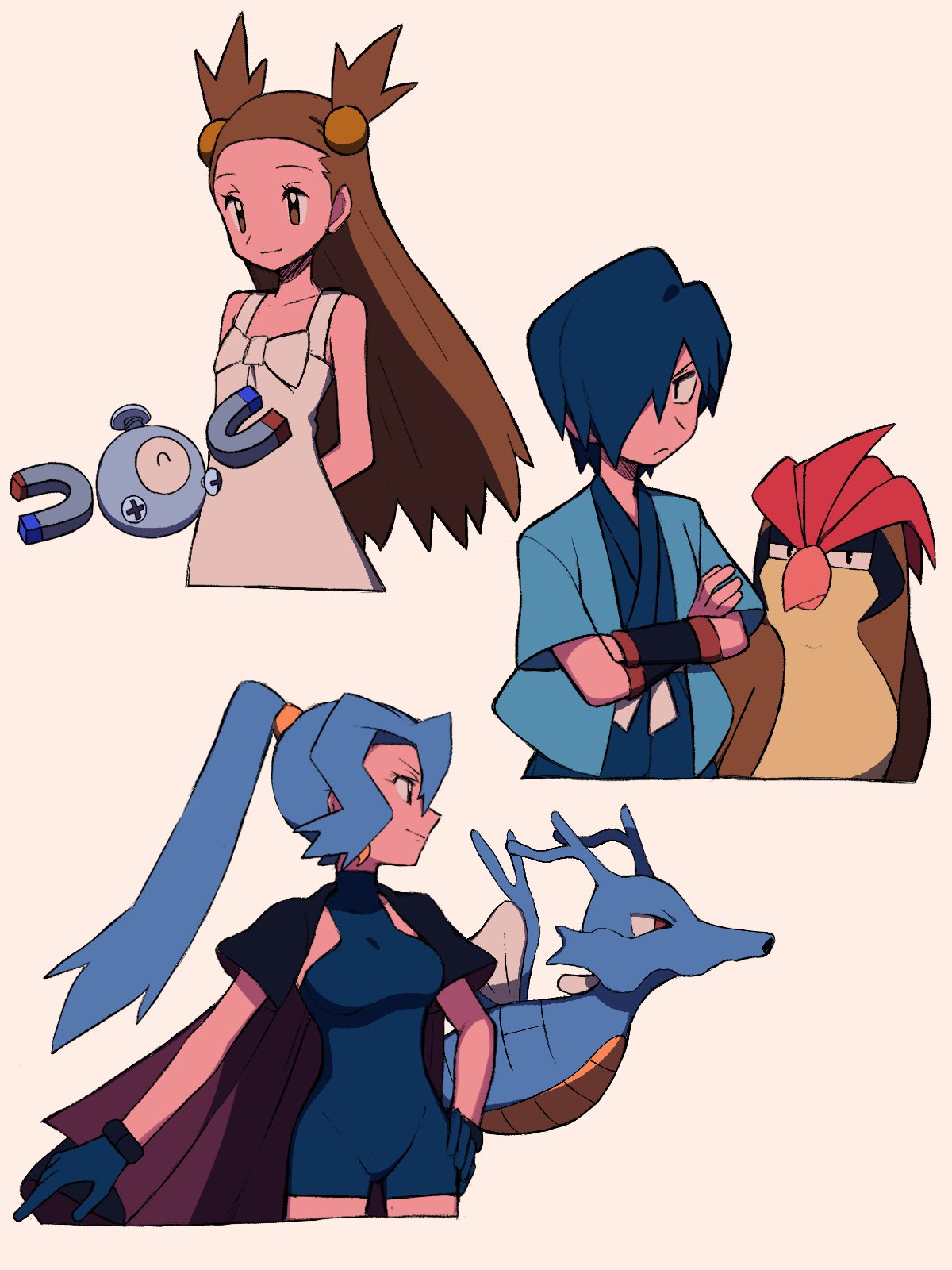 1boy 2girls arm_behind_back black_wristband blue_bodysuit blue_gloves blue_hair blue_jacket blue_kimono bodysuit breasts brown_eyes brown_hair clair_(pokemon) closed_mouth crossed_arms dress eyelashes falkner_(pokemon) frown gloves hair_bobbles hair_ornament highres jacket japanese_clothes jasmine_(pokemon) kimono kingdra long_hair magnemite multiple_girls pidgeotto pokemon pokemon_(creature) pokemon_(game) pokemon_gsc ponytail short_hair simple_background sleeveless sleeveless_dress smile two_side_up tyako_089 white_dress