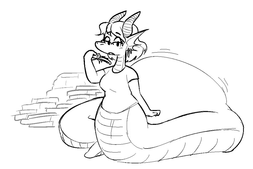 animated anthro apode belly big_belly black_and_white bubbiedragon burp_cloud burping draconcopode dragon ear_fins eyewear female fin food glasses holding_food holding_object horn legless looking_at_viewer monochrome open_mouth overweight overweight_anthro overweight_female pizza pizza_box pizza_slice serpentine solo stuffing text