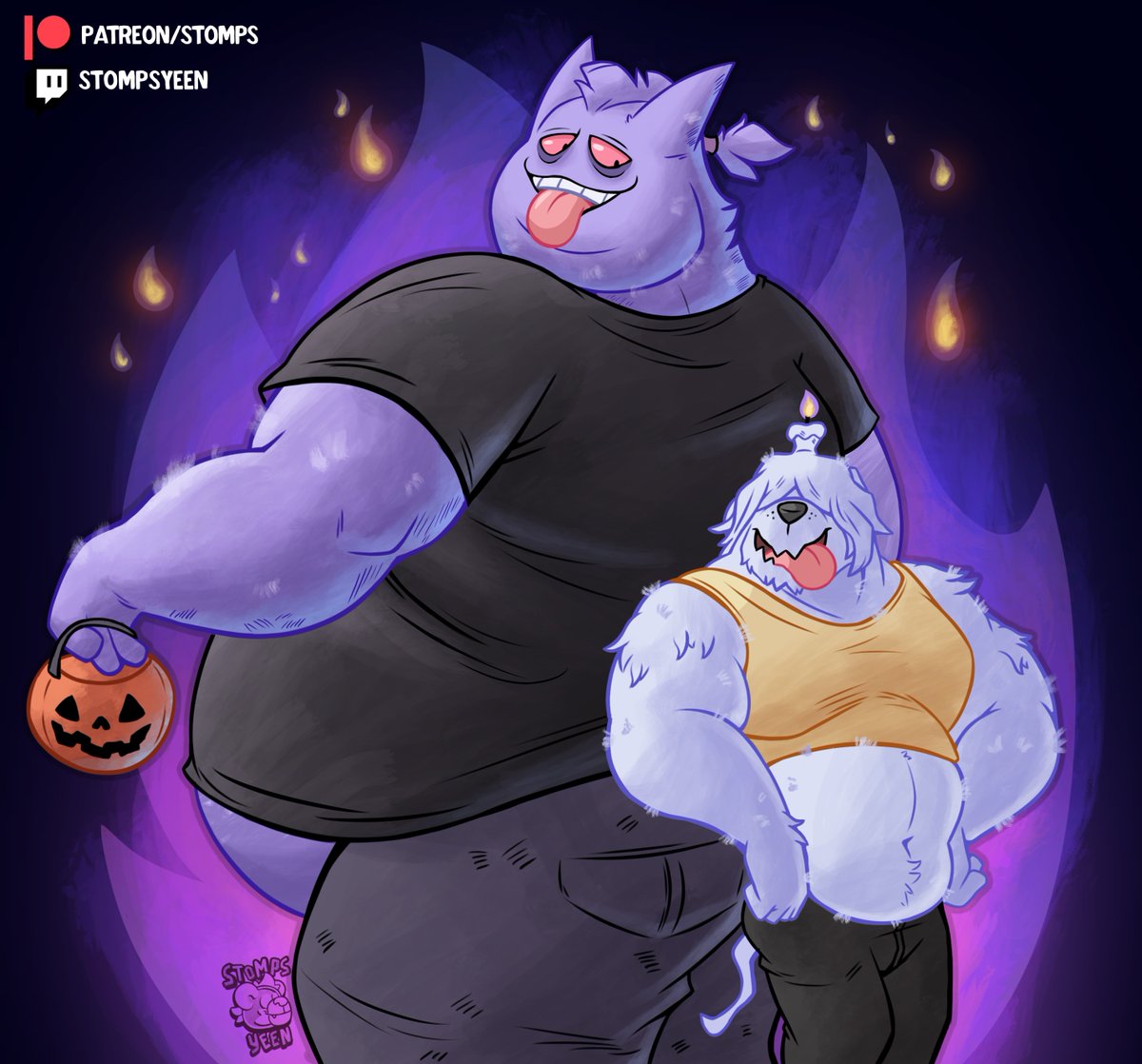 2023 anthro anthrofied bangs belly black_background bottomwear clothing crop_top denim denim_bottomwear denim_clothing duo fire fur generation_1_pokemon generation_9_pokemon gengar greavard hair halloween holding_object holidays jack-o'-lantern jeans male muscular muscular_anthro muscular_male navel nintendo obese obese_anthro obese_male open_mouth open_smile overweight overweight_anthro overweight_male pants patreon pokemon pokemon_(species) pokemorph ponytail purple_background shirt simple_background size_difference smile standing stompsthecroc tank_top teeth text thick_thighs tongue tongue_out topwear trick_or_treat tuft twitch.tv url watermark