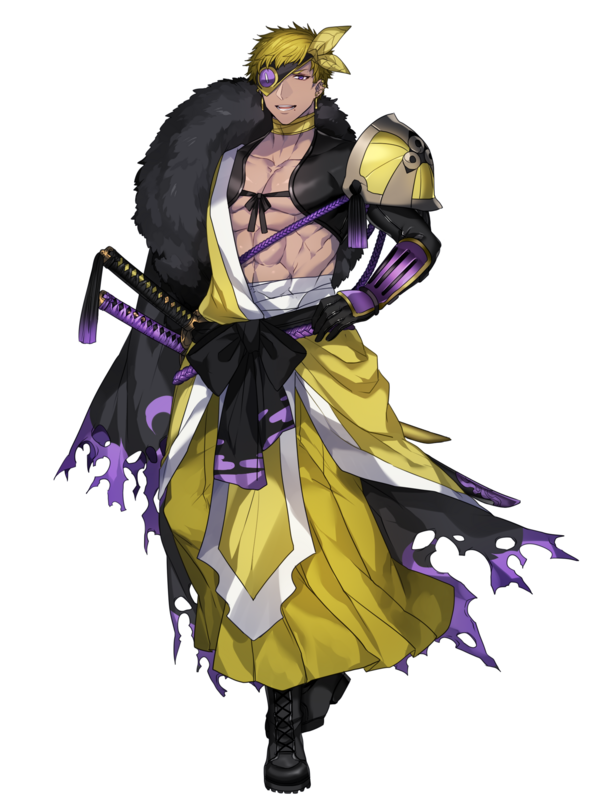 1boy abs aegislash black_footwear black_gloves blonde_hair dark-skinned_male dark_skin eyepatch full_body gloves katagiri_hachigou male_focus mole mole_under_mouth open_mouth personification pokemon purple_eyes short_hair simple_background smile solo tassel teeth torn_clothes white_background