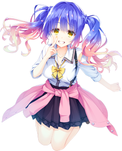1girl blue_hair bow breasts brown_skirt clothes_around_waist full_body gradient_hair grin hair_spread_out hand_up index_finger_raised jumping kohibari_kurumi large_breasts long_hair long_sleeves looking_at_viewer lowres multicolored_hair muririn pink_hair pink_sweater pleated_skirt school_uniform shirt skirt sleeves_rolled_up smile solo straight-on suspender_skirt suspenders sweater tenshi_souzou transparent_background wavy_hair white_shirt yellow_bow yellow_eyes