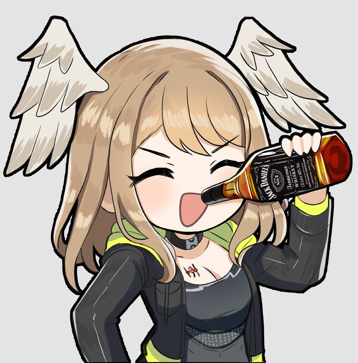 1girl alcohol black_choker black_jacket blush breasts brown_hair chest_tattoo choker cleavage closed_eyes commentary desspie drink english_commentary eunie_(xenoblade) grey_background head_wings highres holding holding_drink jack_daniel's jacket medium_breasts medium_hair open_clothes open_jacket open_mouth simple_background solo swept_bangs tattoo whiskey wings xenoblade_chronicles_(series) xenoblade_chronicles_3