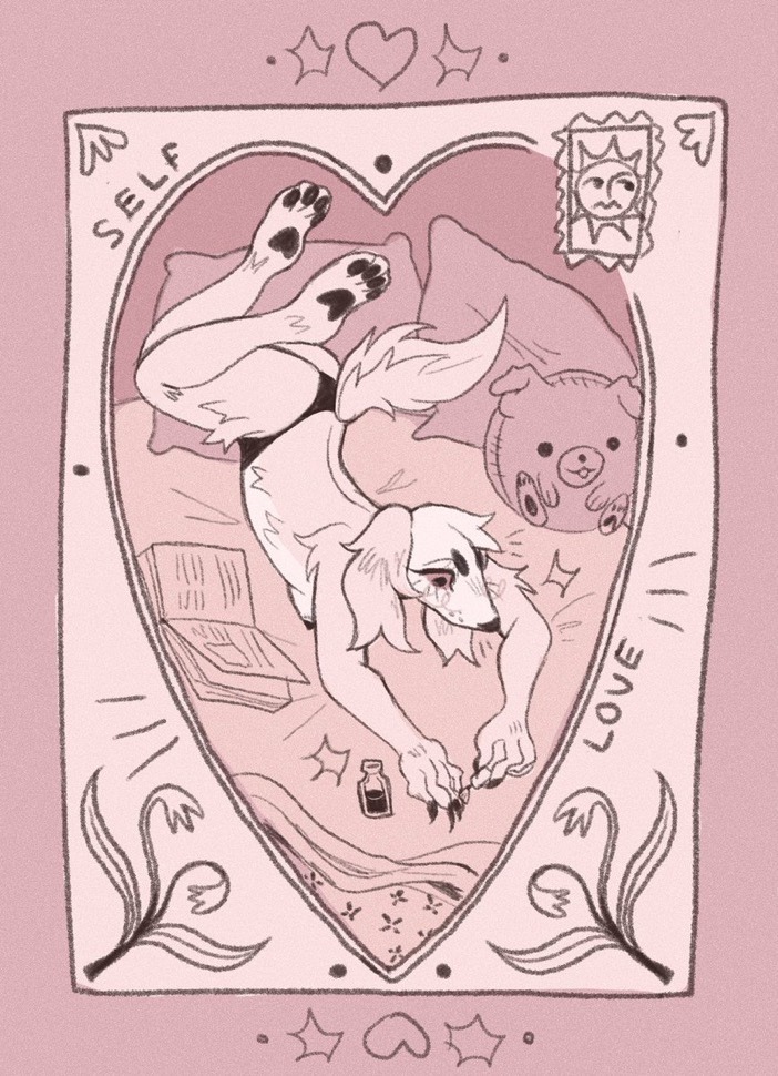 &lt;3 anthro bed book canid canine canis clothed clothing daisypinkpaws digital_media_(artwork) domestic_dog english_text female fur furniture hair mammal nipples painted_claws pawpads pillow restricted_palette solo text topless topless_anthro underwear