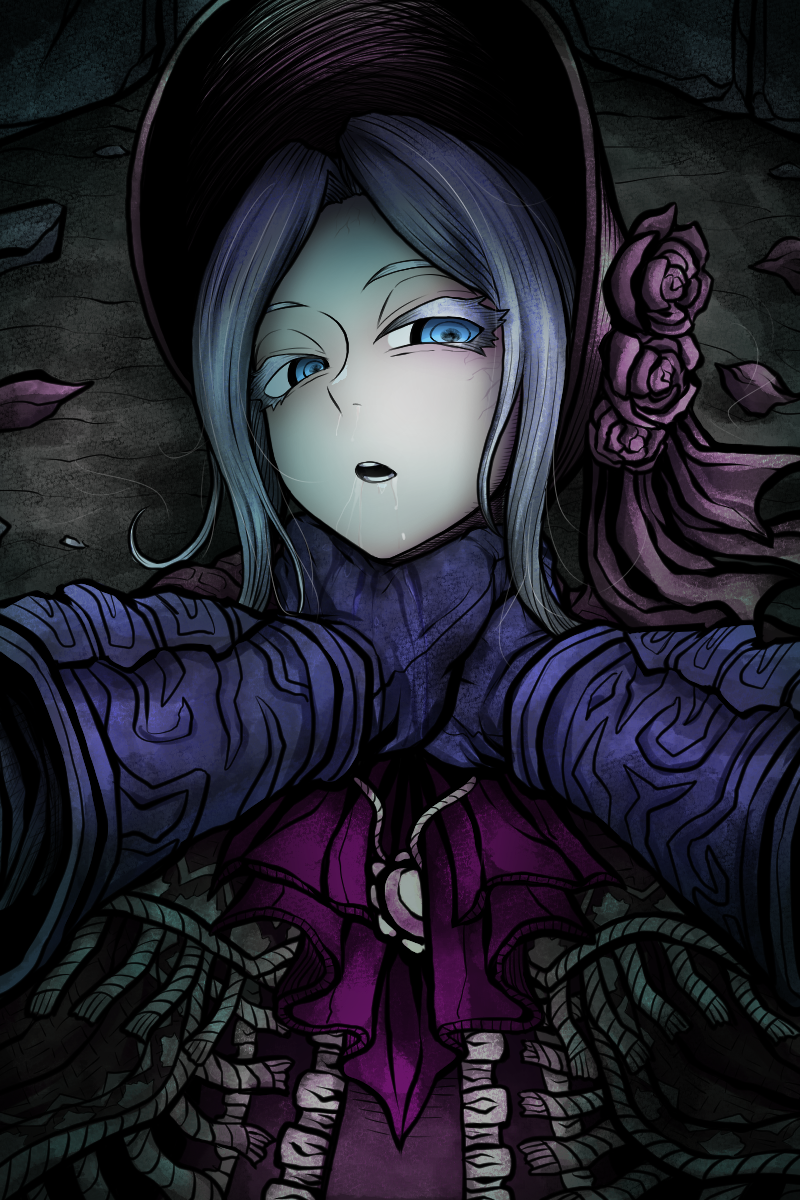 1girl 1other ascot asphyxiation bloodborne blue_eyes bonnet commentary flower gloves hat hat_flower highres long_hair looking_at_viewer lying nazo_no_diaboro on_back open_mouth plain_doll pov pov_hands purple_ascot rose saliva strangling upper_body white_hair