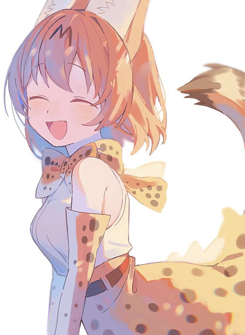 1girl animal_ears bare_shoulders blonde_hair blush bow bowtie cat_ears cat_girl cat_tail closed_eyes elbow_gloves gloves high-waist_skirt kemono_friends mimu_umui open_mouth print_bow print_bowtie print_gloves print_skirt serval_(kemono_friends) serval_print shirt short_hair skirt sleeveless smile tail white_shirt