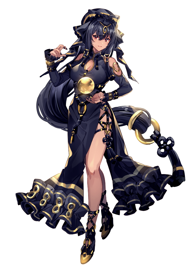 1girl black_dress black_hair black_headwear black_nails breasts circlet cleavage cleavage_cutout clothing_cutout crystal_ball dress fingernails hair_between_eyes hand_up hat katagiri_hachigou large_breasts long_hair long_sleeves nail_polish o-ring open_mouth personification pokemon red_eyes shoulder_cutout simple_background smile solo tassel umbreon very_long_hair white_background