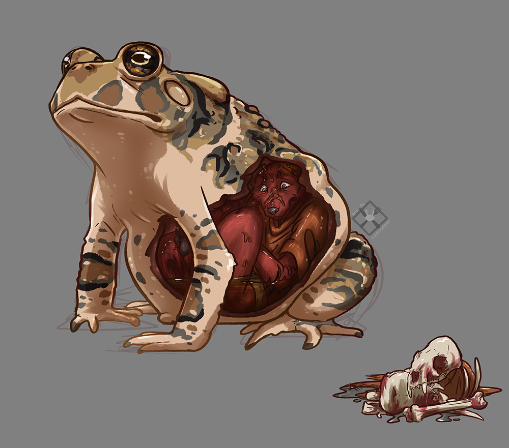 abdominal_bulge ambiguous_gender amphibian anthro belly big_belly bodily_fluids brown_body brown_fur clothed clothing death digestion digital_media_(artwork) duo fatal_vore feral frog fur gulonine lemondeer male mammal marten mustelid musteline pine_marten simple_background size_difference toad_(frog) vore