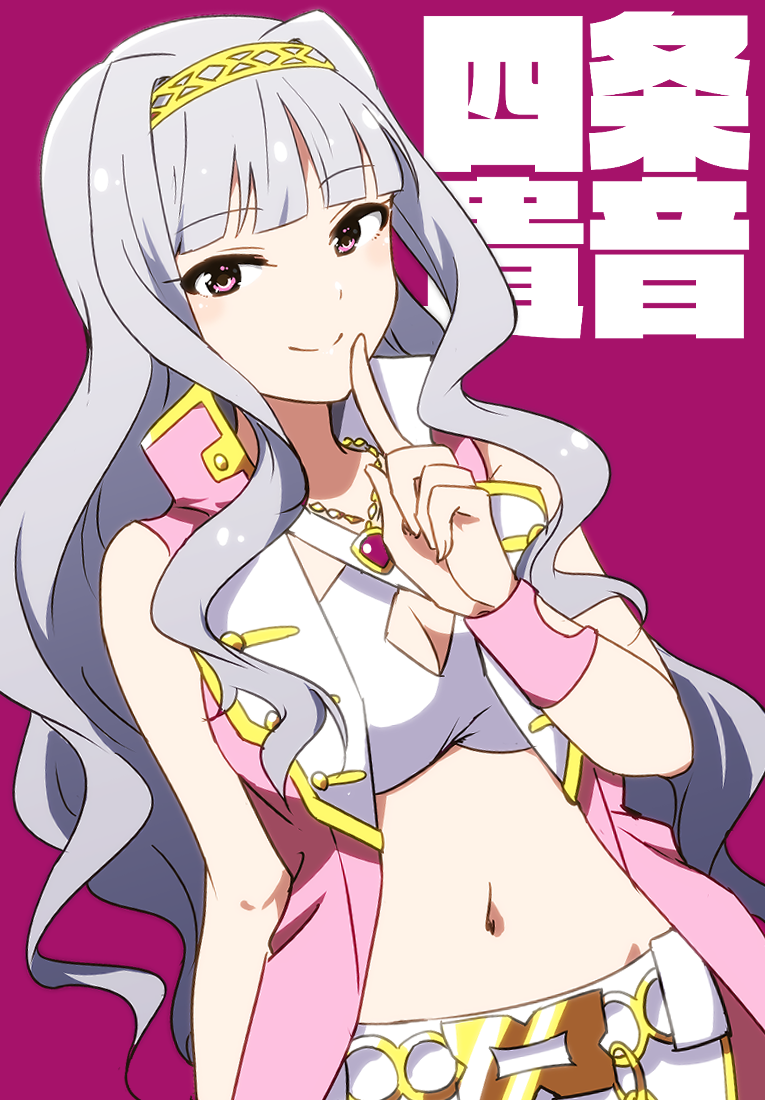 1girl blush breasts chain_belt character_name cleavage closed_mouth crop_top cropped_shirt dot_nose gold_belt grey_hair hairband hand_up idolmaster idolmaster_(classic) idolmaster_million_live! idolmaster_million_live!_theater_days index_finger_raised jacket jewelry kidachi large_breasts long_hair looking_at_viewer midriff navel necklace open_clothes open_jacket pants pink_diamond_765_(idolmaster) pink_jacket purple_background purple_eyes shijou_takane shirt simple_background sleeveless sleeveless_jacket smile solo upper_body white_pants white_shirt yellow_hairband