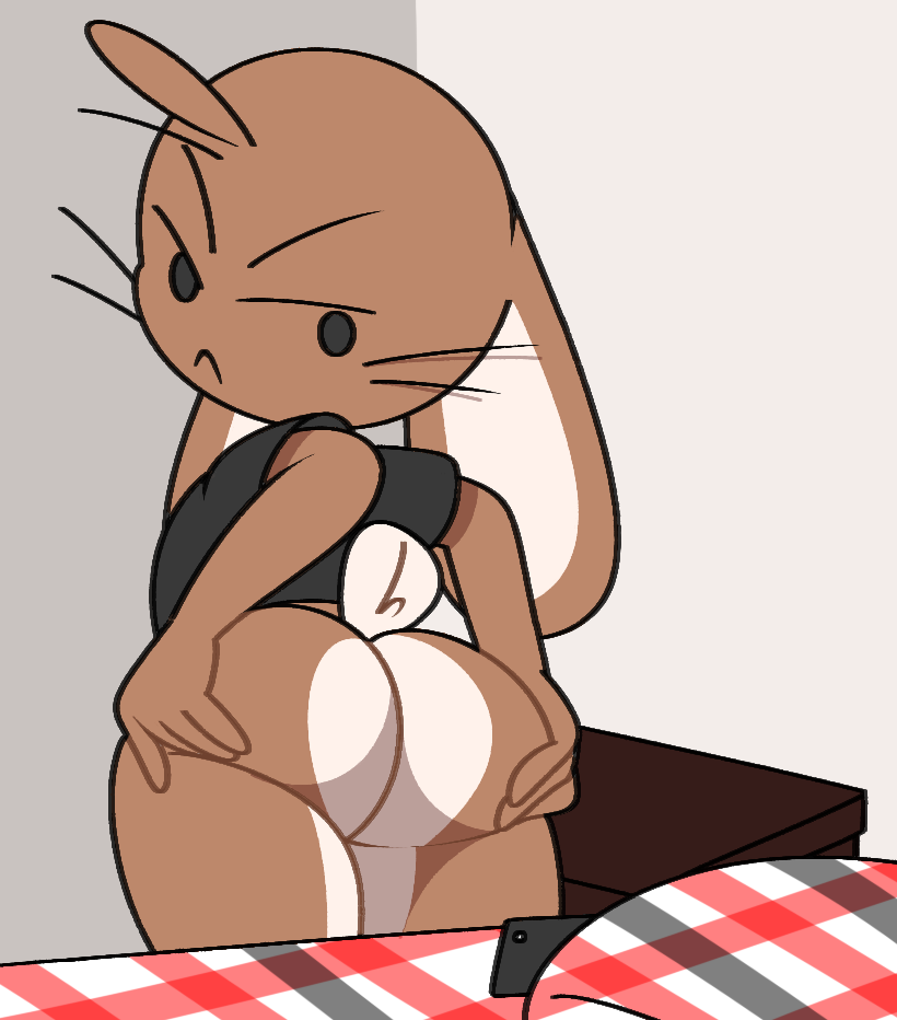 bed brown_body brown_fur bunzo_(vilepluff) butt clothed clothing fur furniture hand_on_butt holding_butt lagomorph leporid male mammal partially_clothed phone pose presenting rabbit solo vilepluff