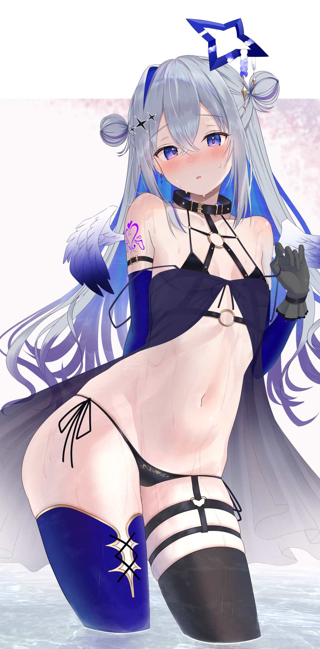 1girl amane_kanata amane_kanata_(another_world) angel_wings arm_tattoo bare_shoulders bikini black_bikini black_collar black_gloves blue_hair blush breasts collar colored_inner_hair double_bun feathered_wings gloves gradient_hair gradient_wings grey_hair hair_between_eyes hair_bun hair_ornament halo highres hololive kachikachipiroo long_hair looking_at_viewer multicolored_hair multicolored_wings navel o-ring o-ring_thigh_strap official_alternate_costume open_mouth purple_eyes purple_hair side-tie_bikini_bottom single_hair_intake small_breasts solo star_halo streaked_hair swimsuit tattoo thigh_strap thighs virtual_youtuber wet wings