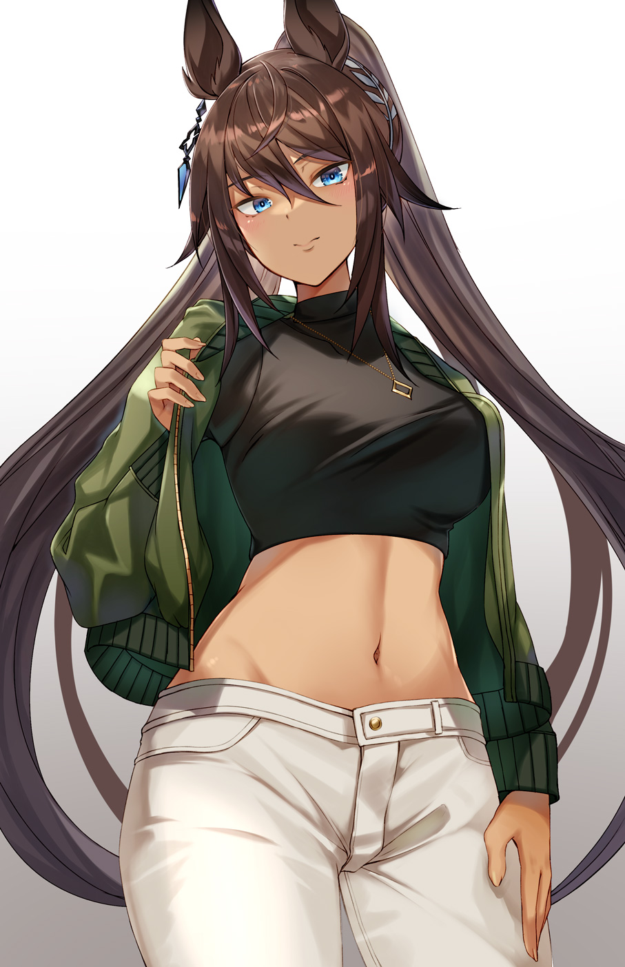 1girl animal_ears black_shirt blue_eyes breasts brown_hair closed_mouth cowboy_shot crop_top earrings expressionless green_jacket hand_on_own_thigh highres horse_ears jacket jewelry large_breasts long_hair long_sleeves looking_at_viewer midriff navel necklace open_clothes open_jacket pants ponytail shirt solo standing stomach symboli_kris_s_(umamusume) umamusume very_long_hair white_pants yu_ni_t