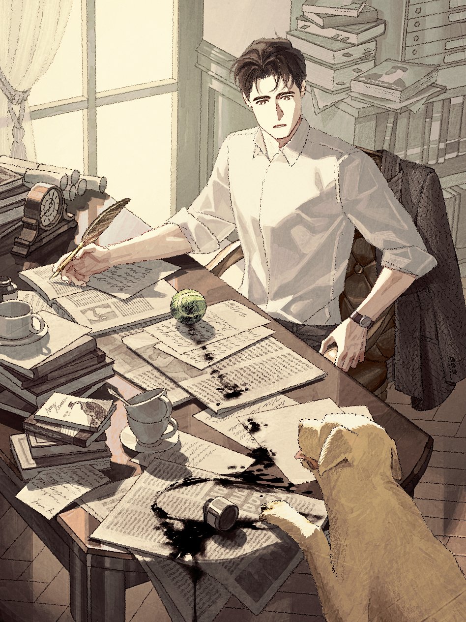 1boy animal ball book bookshelf brown_eyes brown_hair brown_theme clock clutter collared_shirt cup desk dog highres holding holding_pen indoors ink inkwell jaddddan looking_at_animal male_focus mug newspaper open_mouth original paper pen quill shirt short_hair sitting sleeves_rolled_up solo table teacup tennis_ball very_short_hair watch white_shirt wristwatch