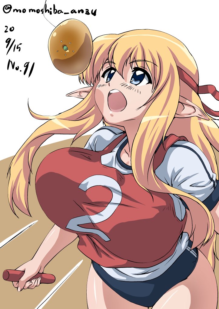 1girl blonde_hair blue_eyes bread_eating_race breasts dated gym_uniform hair_ribbon large_breasts long_hair nafta open_mouth pointy_ears red_ribbon relay_baton ribbon signature simple_background solo teeth tiffania_westwood upper_teeth_only white_background zero_no_tsukaima