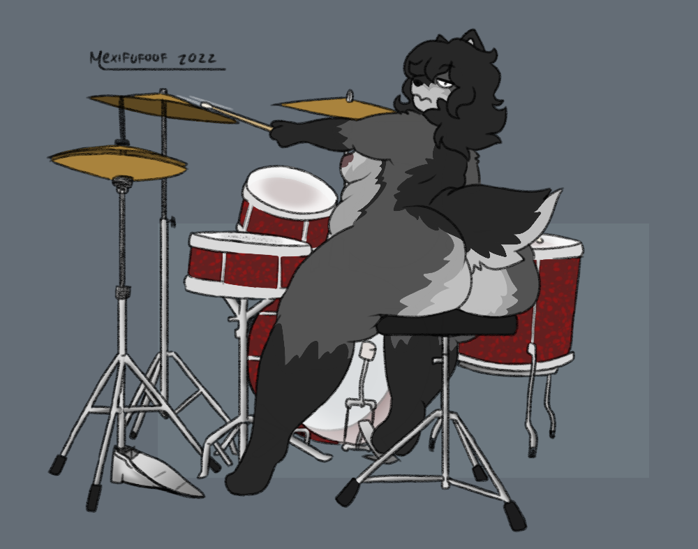 2022 anthro belly biped breasts butt canid canine canis chubby_belly chubby_female curvy_figure digital_drawing_(artwork) digital_media_(artwork) drum drum_set drumming drumming_stick female fur hair looking_at_viewer mammal martha_(mexifurfoof) mexifurfoof musical_instrument nipples nude overweight percussion_instrument percussion_mallet rear_view simple_background small_breasts solo tail thick_thighs voluptuous wide_hips wolf