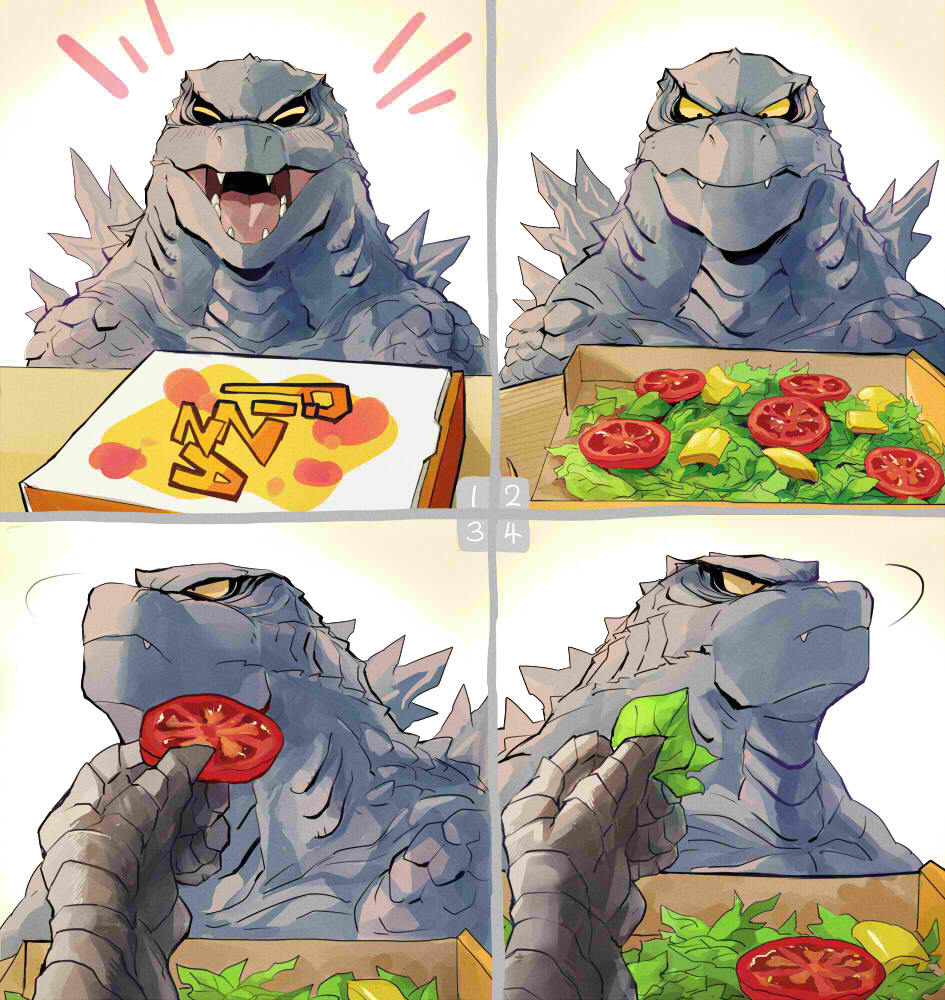 anthro betrayal duo food fruit godzilla godzilla_(series) humor lettuce male picky pizza_box plant salad scalie toho tomato vegetable yellow_eyes zetou