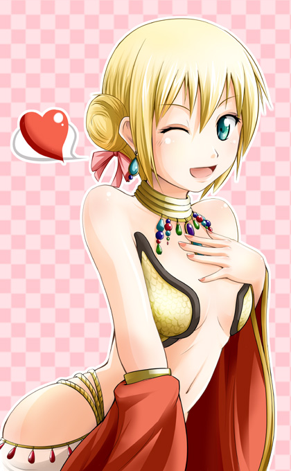 1girl ;d aqua_eyes arabian_clothes bare_shoulders blonde_hair breasts detached_sleeves earrings fingernails gem green_gemstone gypsy gypsy_(ragnarok_online) hair_between_eyes hair_bun hair_ribbon hand_on_own_chest harem_pants heart jewelry kanzuki_yuu looking_at_viewer midriff neck_ring one_eye_closed open_mouth outline pants pink_background pink_ribbon purple_gemstone ragnarok_online red_gemstone red_sleeves ribbon short_hair small_breasts smile solo speech_bubble spoken_heart standing white_outline white_pants wide_sleeves