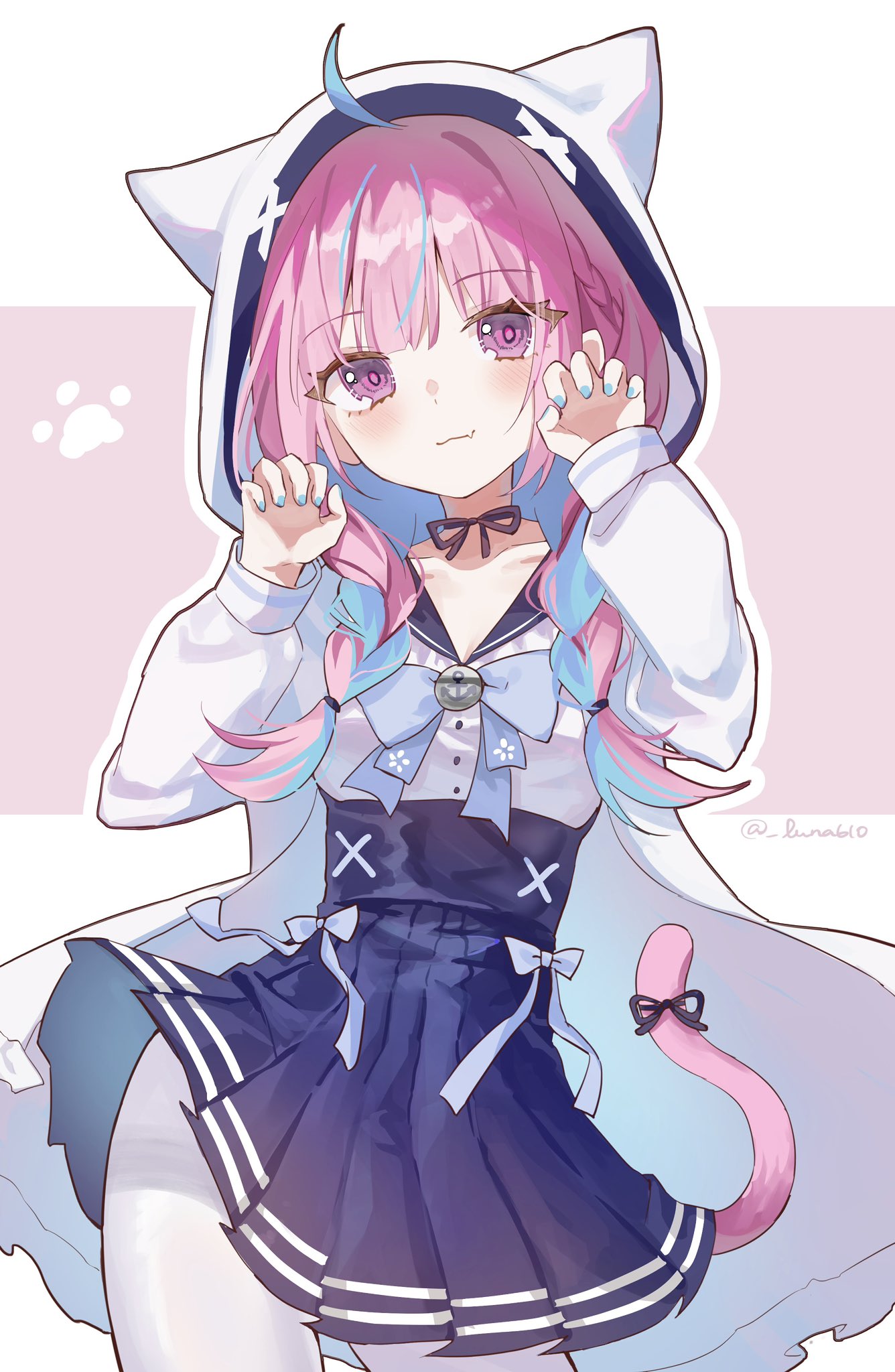 1girl :3 ahoge animal_ear_hood animal_hood black_ribbon blue_bow blue_bowtie blue_hair blue_nails blue_sailor_collar blue_skirt blunt_bangs blush bow bow_skirt bowtie braid cat_tail closed_mouth collarbone colored_inner_hair commentary cowboy_shot dot_nose fang fingernails hands_up high-waist_skirt highres hololive hood hood_up hooded_jacket jacket long_sleeves looking_at_viewer low_twin_braids luna_(luna610) minato_aqua minato_aqua_(5th_costume) multicolored_hair nail_polish neck_ribbon pantyhose paw_pose paw_print pink_background pink_hair pleated_skirt purple_bow purple_eyes ribbon sailor_collar shirt skin_fang skirt smile solo streaked_hair symbol-only_commentary tail tail_ornament tail_ribbon twin_braids twitter_username two-tone_hair virtual_youtuber white_background white_jacket white_pantyhose white_shirt x
