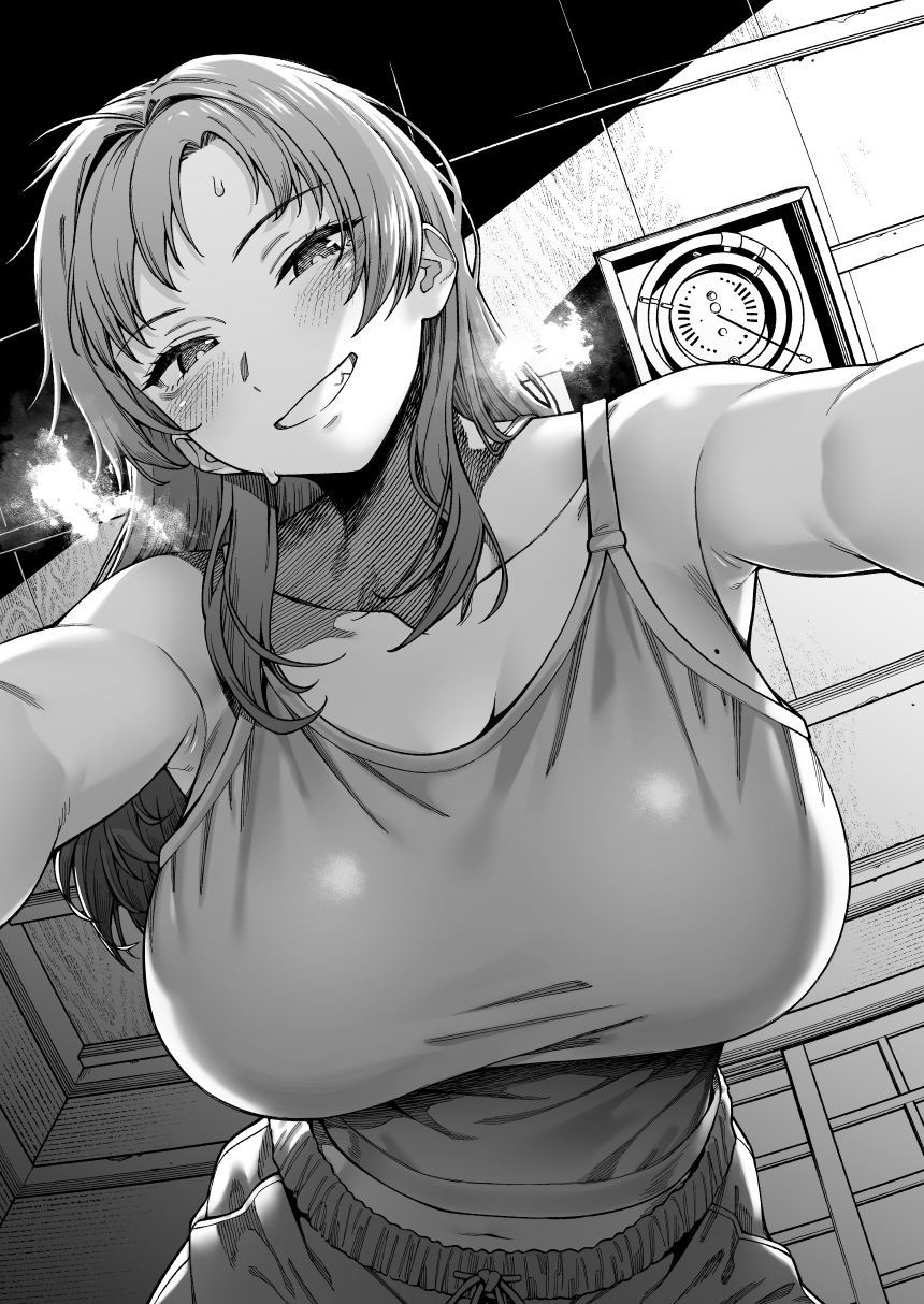 1girl blush breasts breath collarbone greyscale grin highres ice_reizou indoors large_breasts long_hair looking_at_viewer midriff mole mole_on_breast monochrome navel original sliding_doors smile solo sweat